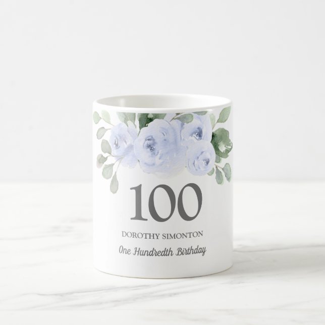 Pretty Blue Floral Womans 100th Birthday Gift Coffee Mug (Center)