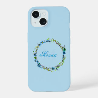 Pretty Blue Floral Wreath with Monogram iPhone 15 Case