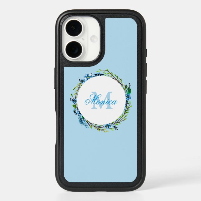 Pretty Blue Floral Wreath with Monogram Otterbox iPhone Case (Back)