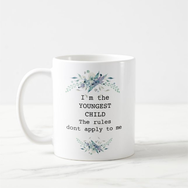 Pretty blue floral  youngest child personalized coffee mug (Left)