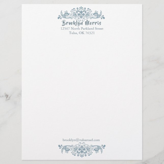Pretty Blue Flourish Frame Letterhead (Front)