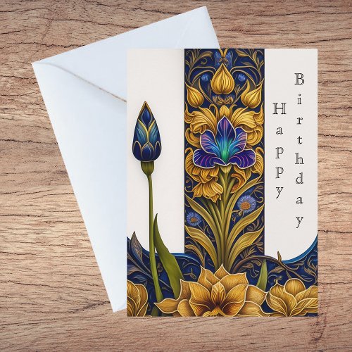Pretty Blue Flower Art Deco Illustration Birthday Card