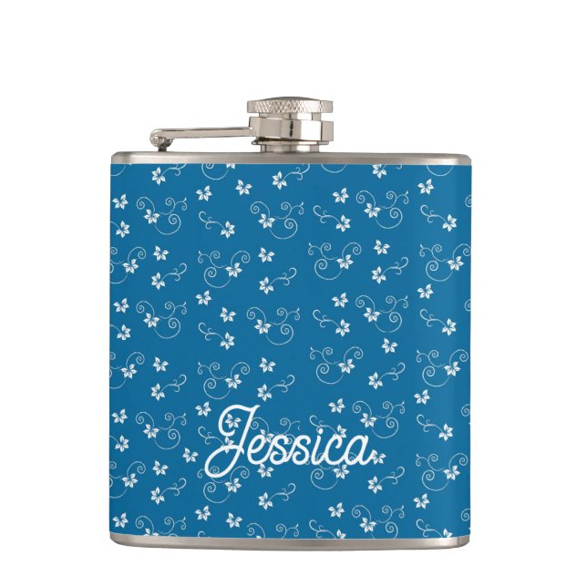 Pretty Blue Flower Pattern Personalised Flask (Front)
