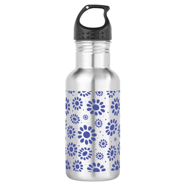 Pretty Blue Flower Pattern Stainless Steel Water Bottle (Front)