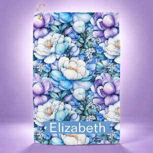 Pretty Blue Flower Patterned and Personalized Golf Towel