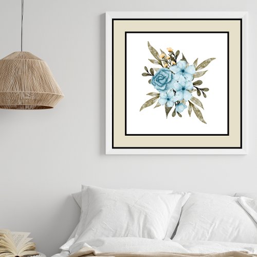 Pretty Blue Flowers Black Lines Pale Beige Border Poster