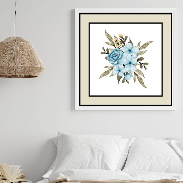 Pretty Blue Flowers Black Lines Pale Beige Border Poster (Creator Uploaded)