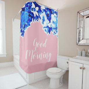 Pretty Blue Flowers & Blush Pink Good Morning Shower Curtain