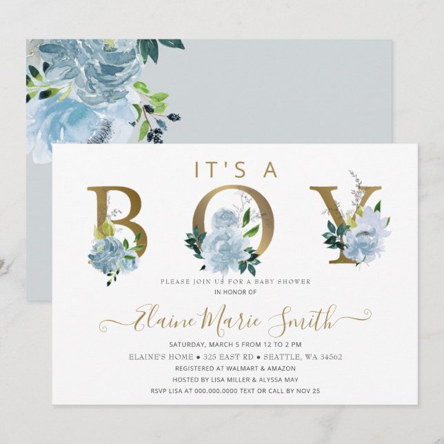 Pretty Blue Flowers Floral Boy Baby Shower  Invitation (Front/Back)