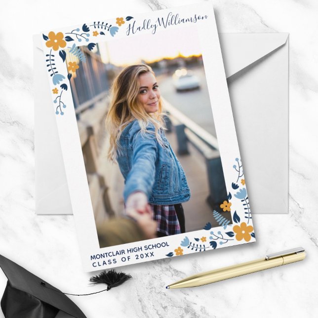 Pretty Blue Flowers Graduation Party Grad Photo Invitation (Creator Uploaded)