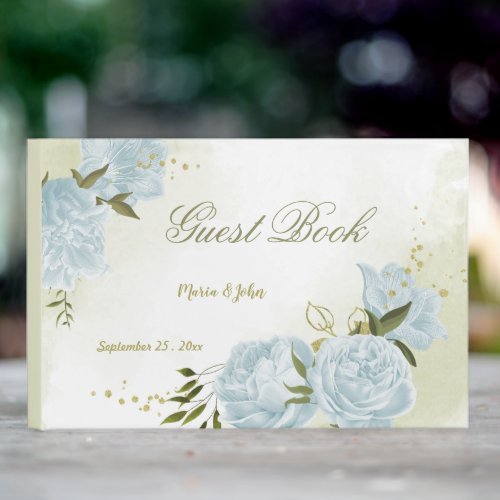 pretty blue flowers green leaves botanical guest book