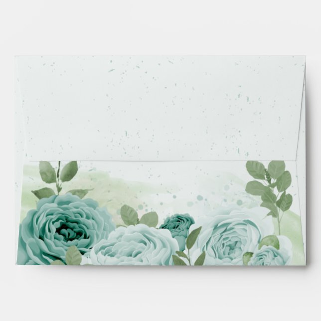 pretty blue flowers green leaves botanical wedding envelope (Back (Top Flap))