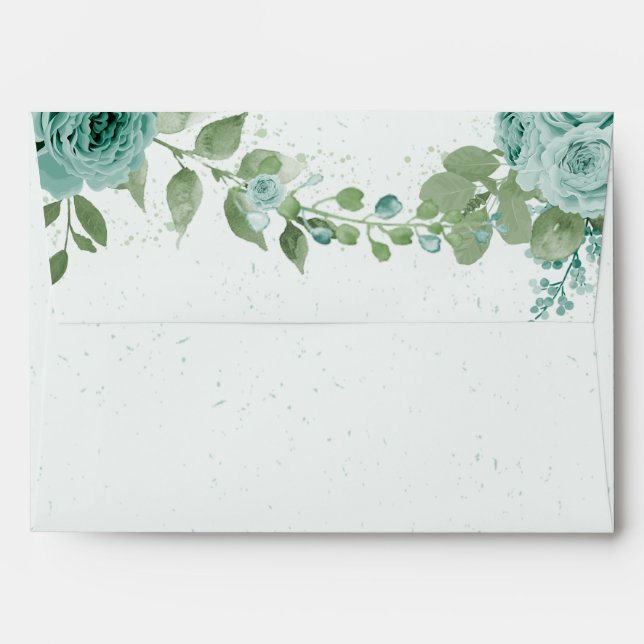 pretty blue flowers green leaves botanical wedding envelope (Back (Top Flap))