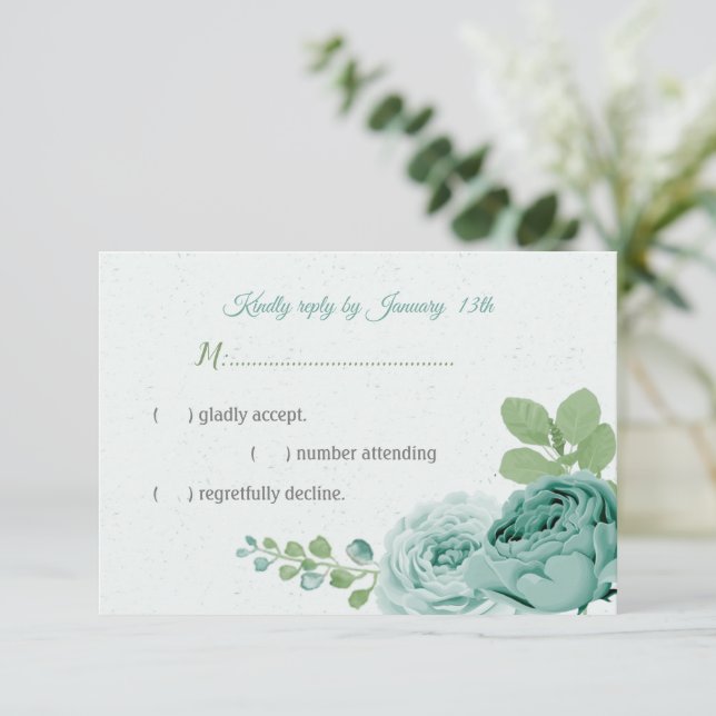 pretty blue flowers green leaves RSVP card (Standing Front)