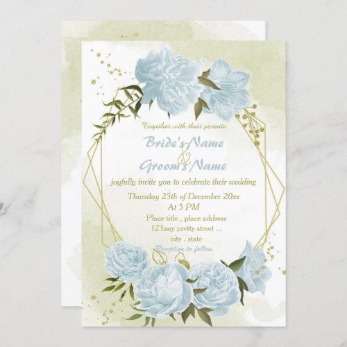 pretty blue flowers greenery geometric wedding invitation