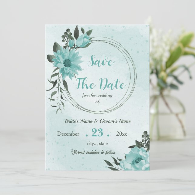 pretty blue flowers greenery  save the date (Standing Front)