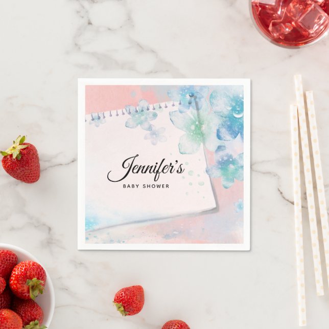 Pretty Blue Flowers on Pink Background Baby Shower Napkins (Insitu)
