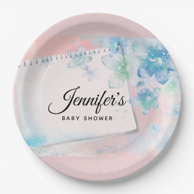 Pretty Blue Flowers on Pink Background Baby Shower Paper Plates (Front)