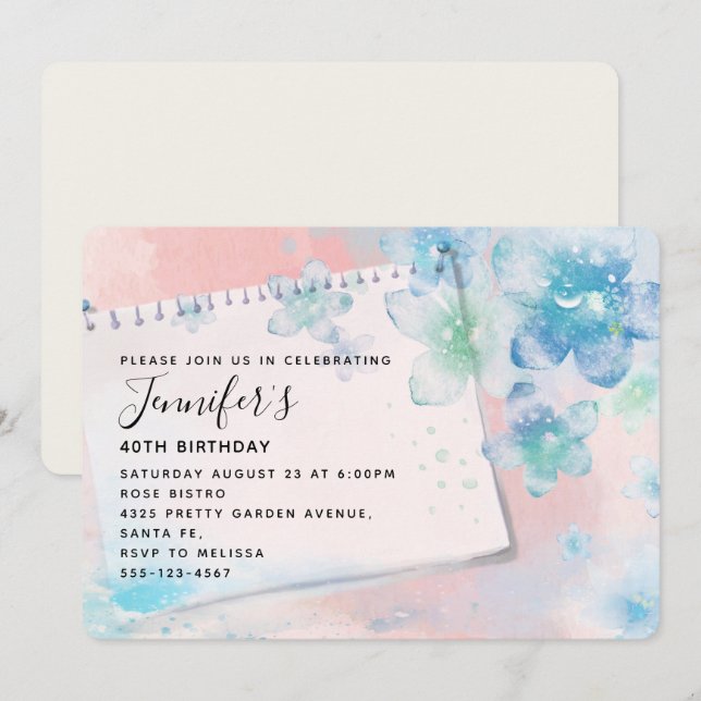  Pretty Blue Flowers on Pink Background Birthday Invitation (Front/Back)