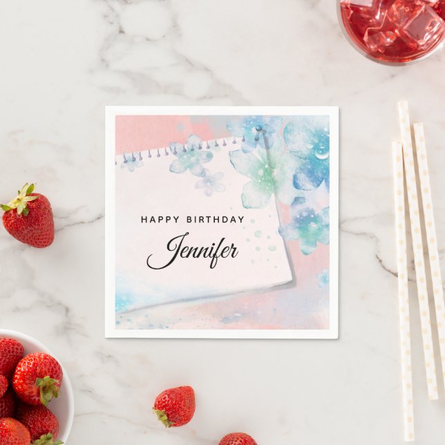 Pretty Blue Flowers on Pink Background Birthday Napkins (Insitu)