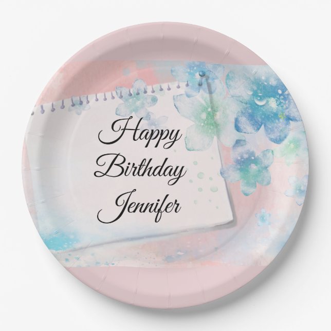  Pretty Blue Flowers on Pink Background Birthday Paper Plates (Front)