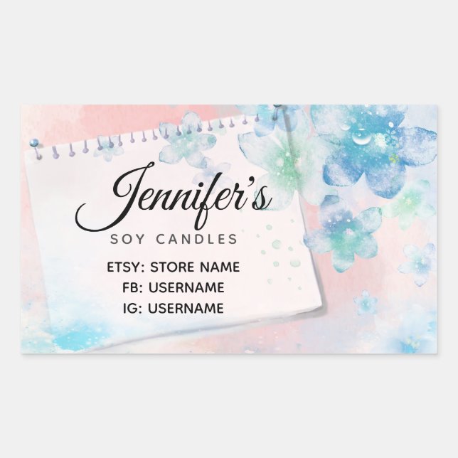 Pretty Blue Flowers on Pink Background Business Rectangular Sticker (Front)