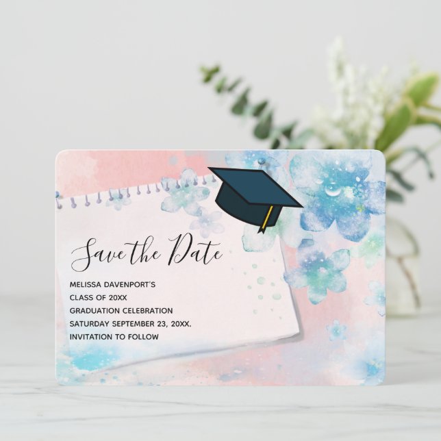 Pretty Blue Flowers on Pink Background Graduation Save The Date (Standing Front)