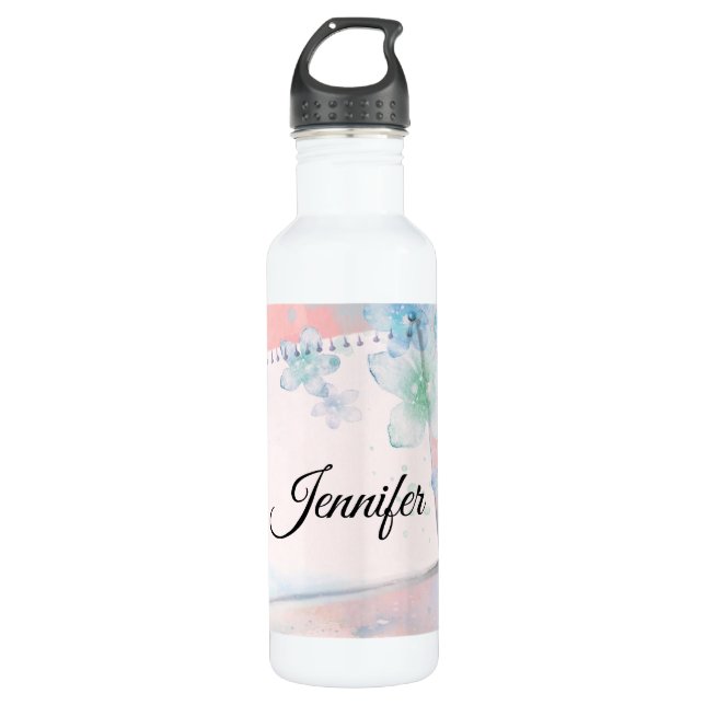 Pretty Blue Flowers on Pink Background Stainless Steel Water Bottle (Front)