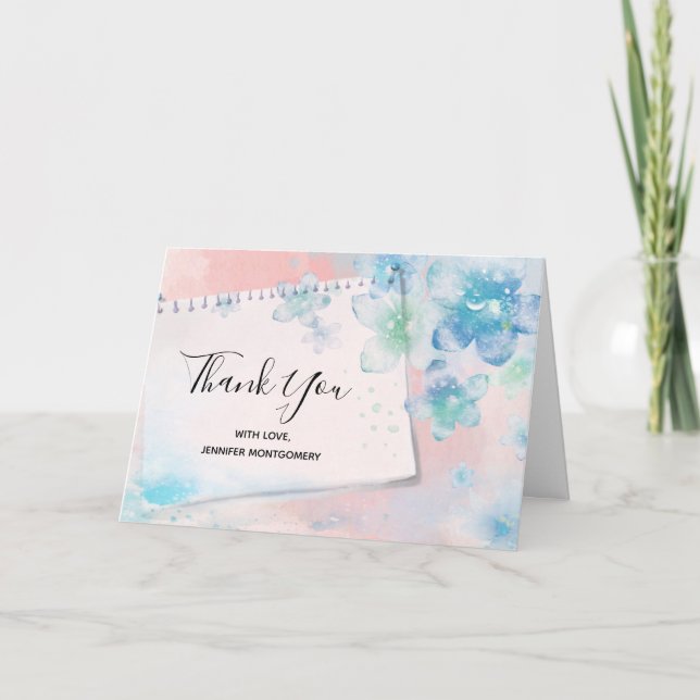 Pretty Blue Flowers on Pink Background Thank You Card (Front)