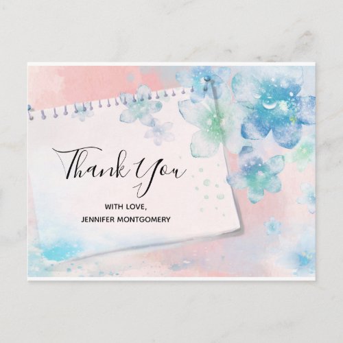  Pretty Blue Flowers on Pink Background Thank You Postcard