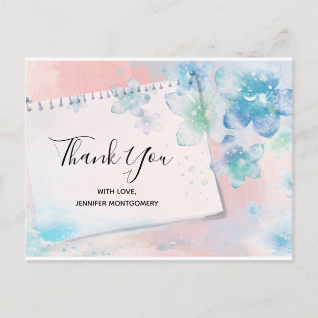  Pretty Blue Flowers on Pink Background Thank You Postcard (Front)