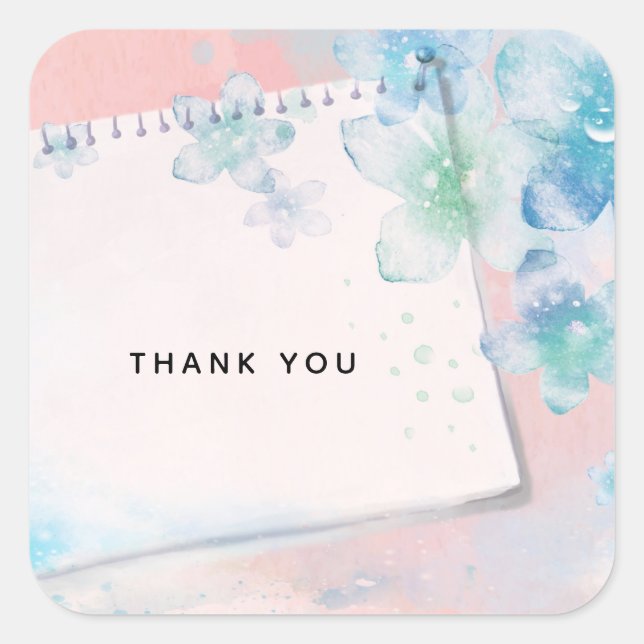 Pretty Blue Flowers on Pink Background Thank You Square Sticker (Front)