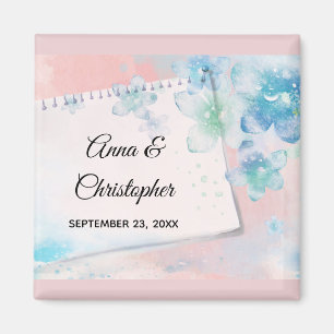 Pretty Blue Flowers on Pink Background Wedding Magnet