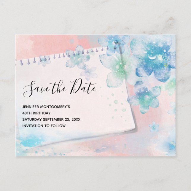 Pretty Blue Flowers on Pink Save the Date Invitation Postcard (Front)
