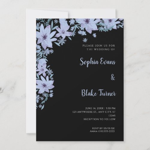 Pretty Blue Flowers Romantic Black Wedding Invitation