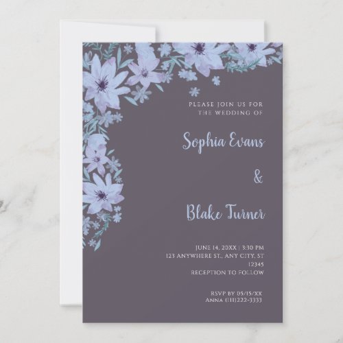 Pretty Blue Flowers Romantic Smoke Gray Wedding Invitation