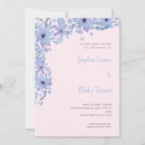 Pretty Blue Flowers Romantic Soft Pink Wedding Invitation