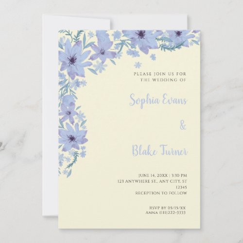 Pretty Blue Flowers Romantic Soft Yellow Wedding Invitation