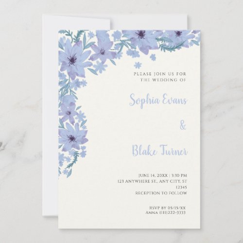 Pretty Blue Flowers Romantic White Cream Wedding Invitation