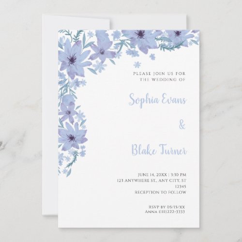 Pretty Blue Flowers Romantic White Wedding Invitation