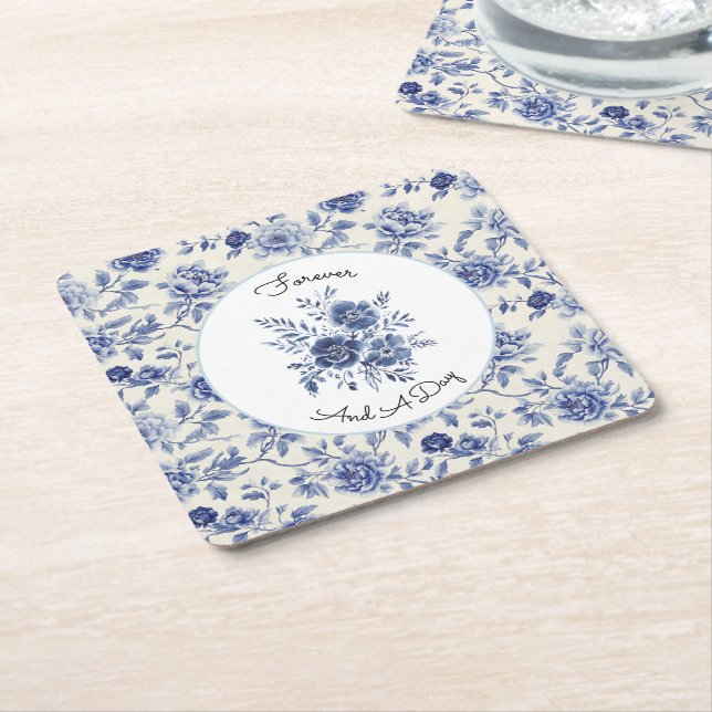 Pretty Blue Flowers Wedding Square Paper Coaster (Angled)