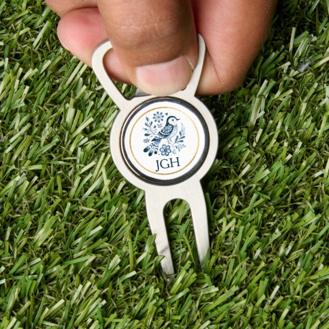 Pretty Blue Folk Bird Monogramed Custom Divot Tool (Insitu 1)