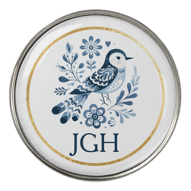Pretty Blue Folk Bird Monogramed Custom Golf Ball Marker (Front)