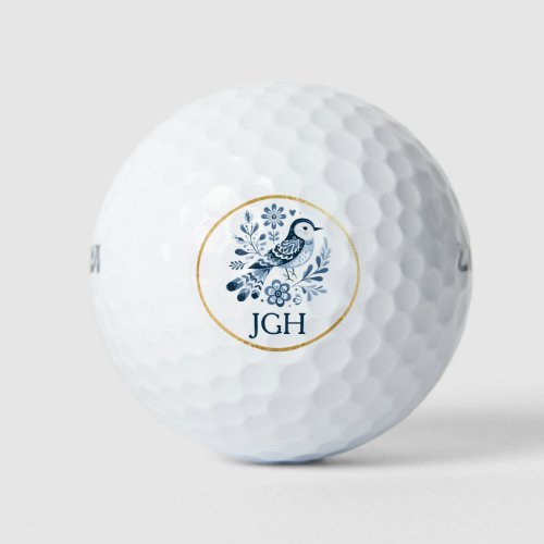 Pretty Blue Folk Bird Monogramed Custom Golf Balls