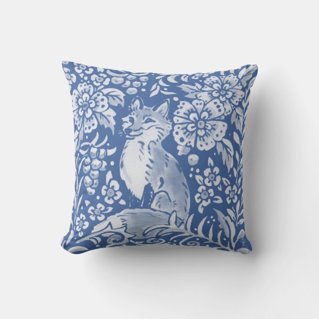 Pretty Blue Fox Forest Floral Nature Woodland Throw Pillow (Front)