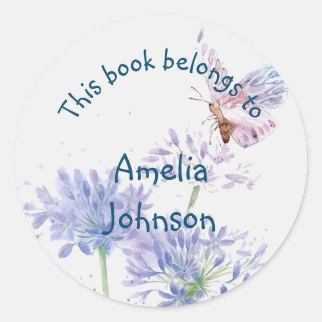 Pretty Blue Garden Flowers Butterfly bookplate (Front)