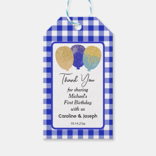 Pretty Blue Gingham & 3 Glitter Balloons Birthday Gift Tags