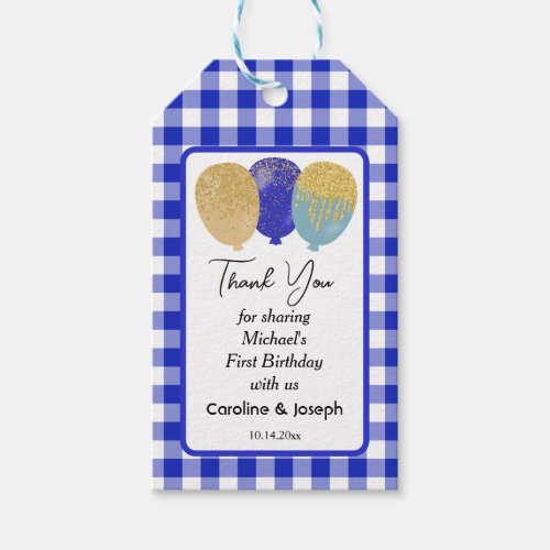 Pretty Blue Gingham & 3 Glitter Balloons Birthday Gift Tags