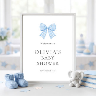 Pretty Blue Gingham Bow Welcome Baby Shower  Poster