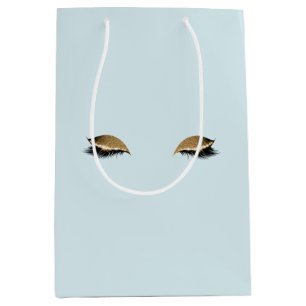 Pretty Blue Girly Gold Glam Glitter Eyelashes Medium Gift Bag